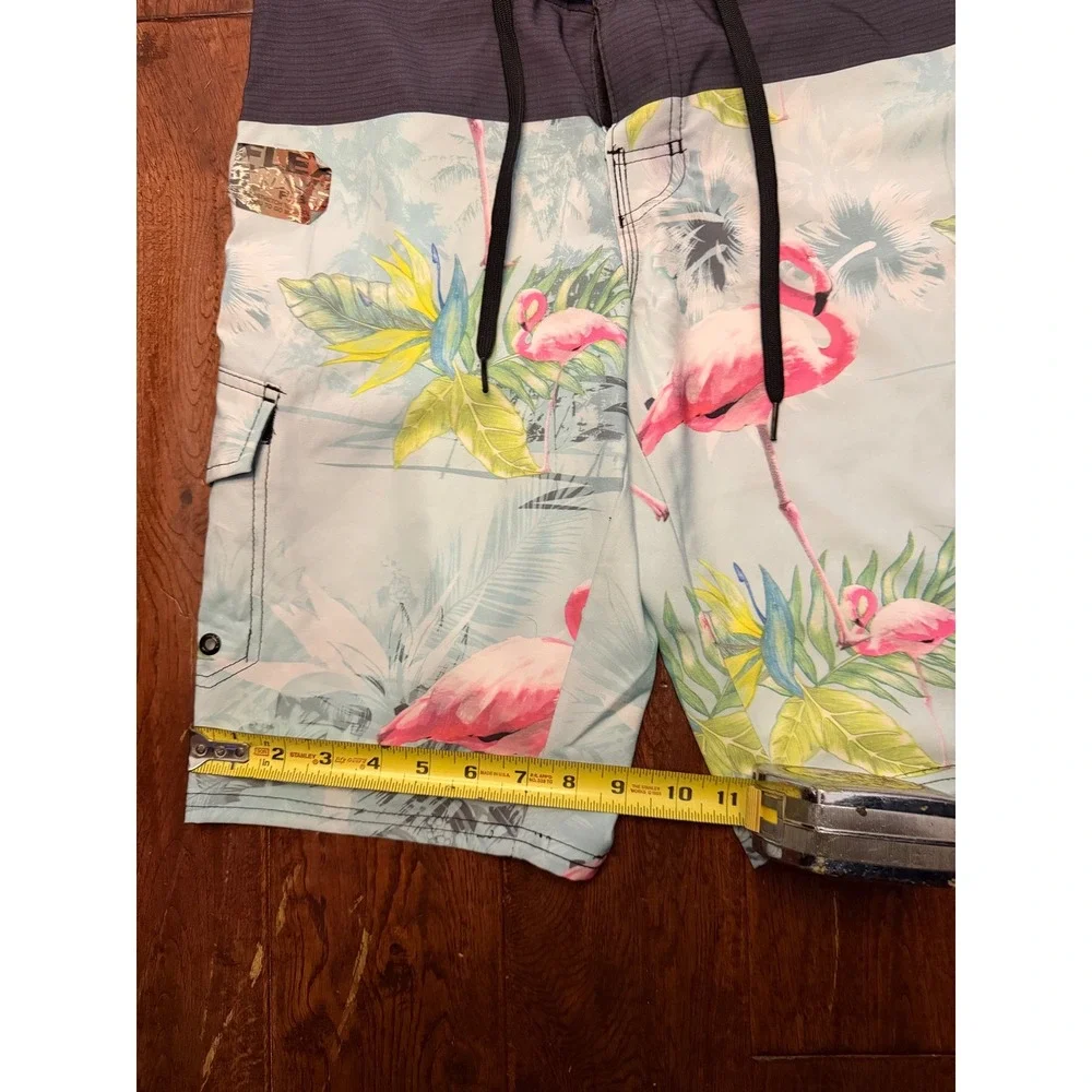 Hang Ten Mens Flamingo Tropical Board Shorts Blue‎ Grey Swim Trunks Size 30 NWT